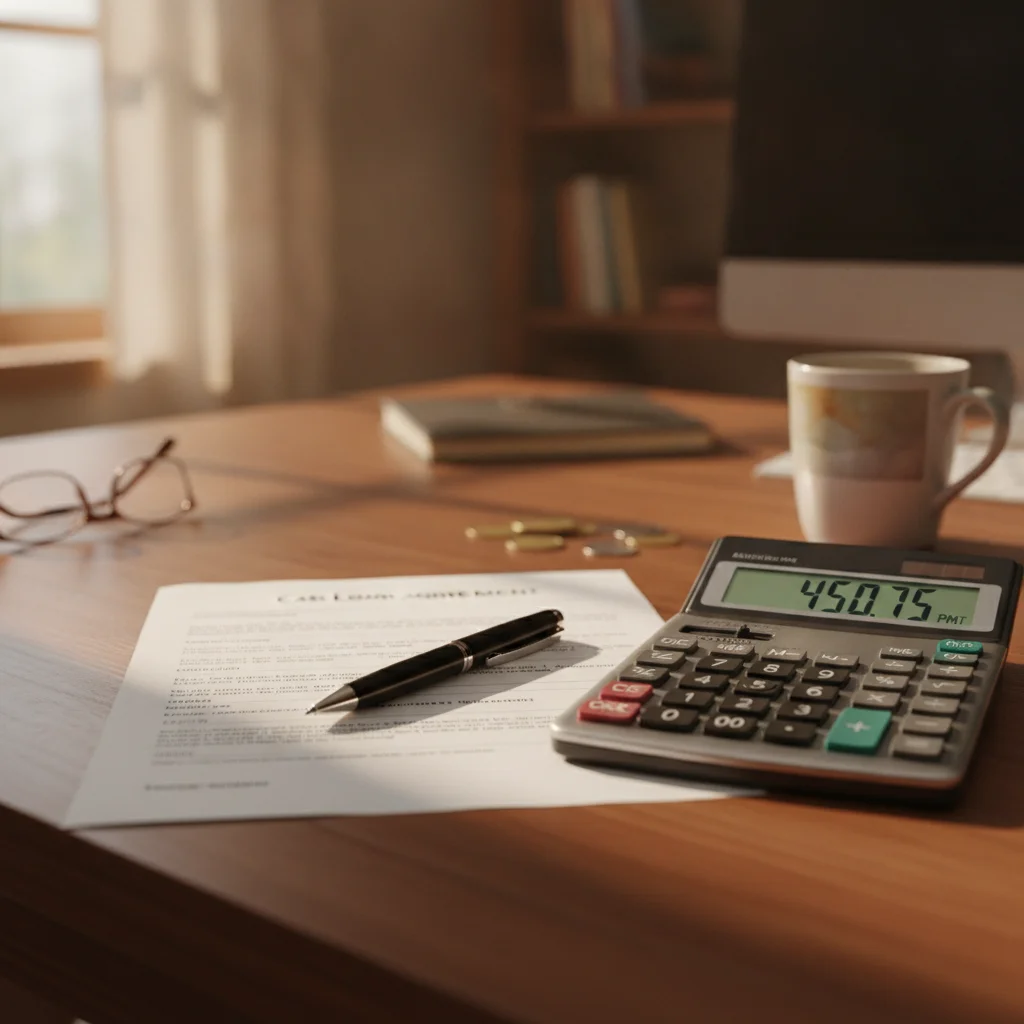 Auto loan documents and calculator on a desk comparing payment terms and total interest