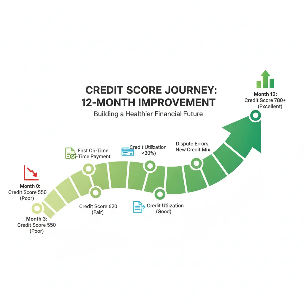 Credit score improvement timeline graphic showing progress milestones over 12 months