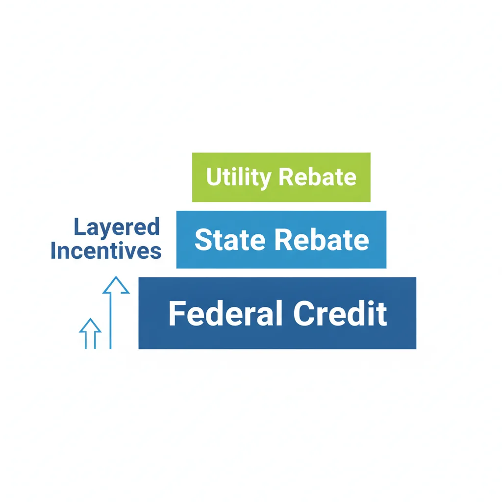 Stacked building blocks illustrating three layers of EV incentives: federal credit, state rebate, and utility rebate