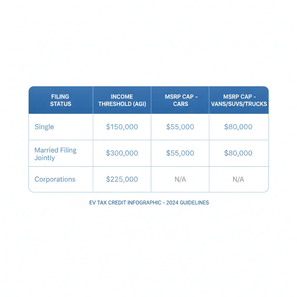 Infographic showing federal EV tax credit income limits by filing status and MSRP caps for different vehicle types