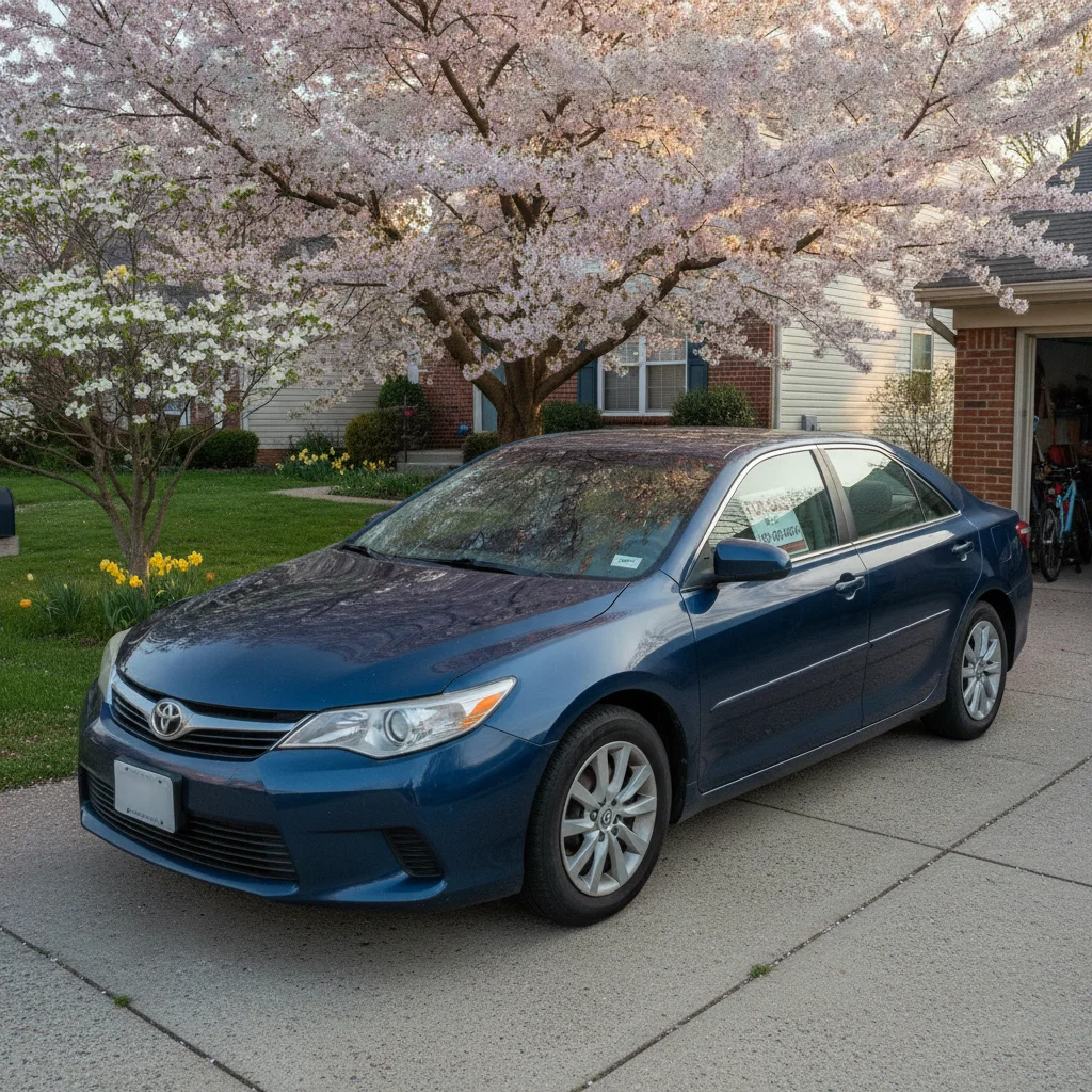 Used car with for-sale sign parked in a driveway during spring with blooming trees in background