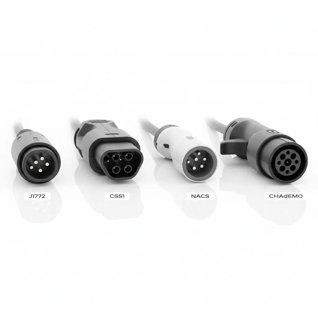 Four EV connector types — J1772, CCS1, NACS, and CHAdeMO — arranged side by side for comparison