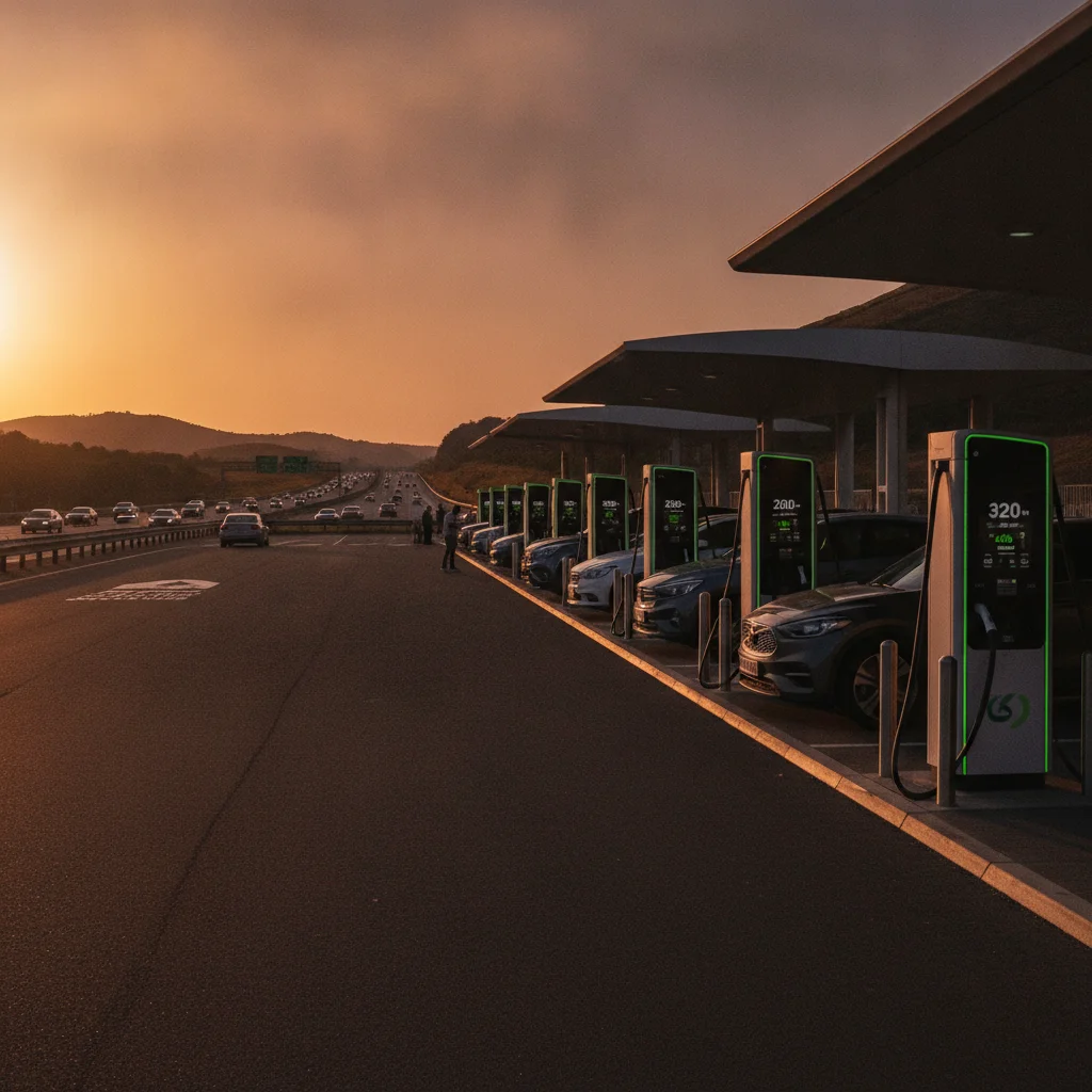 A row of DC fast chargers at a highway rest stop with power output displays visible in afternoon light