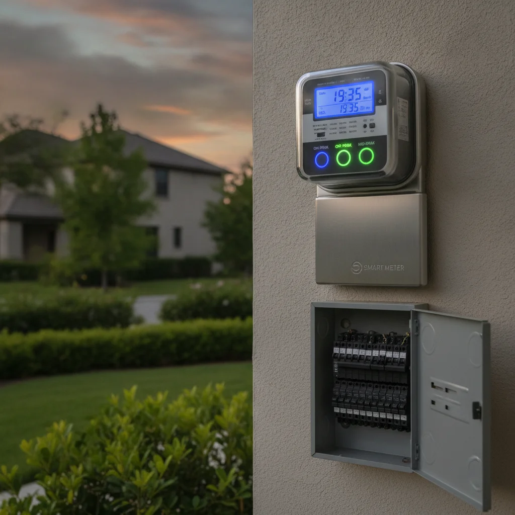 Residential smart electricity meter displaying time-of-use rate data at a home