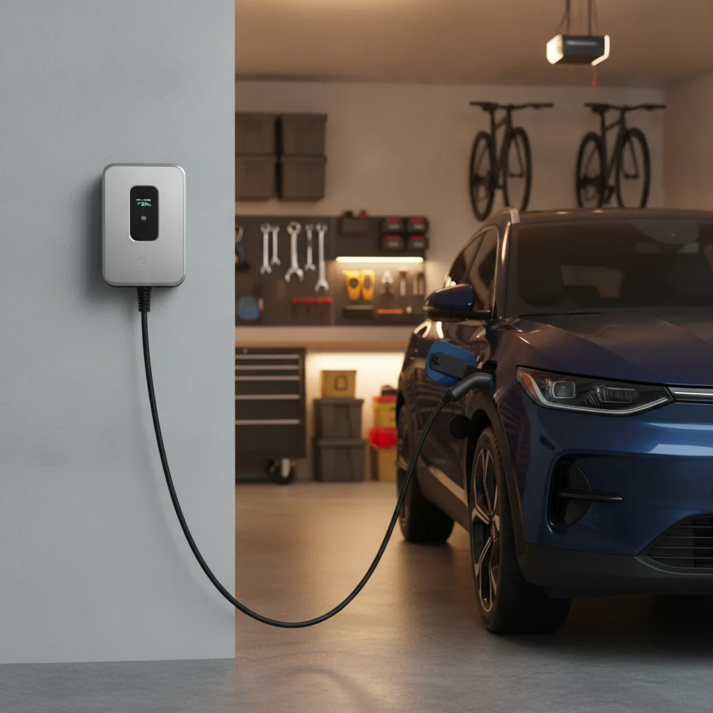 Level 2 EV charger mounted in a home garage connected to a parked electric SUV