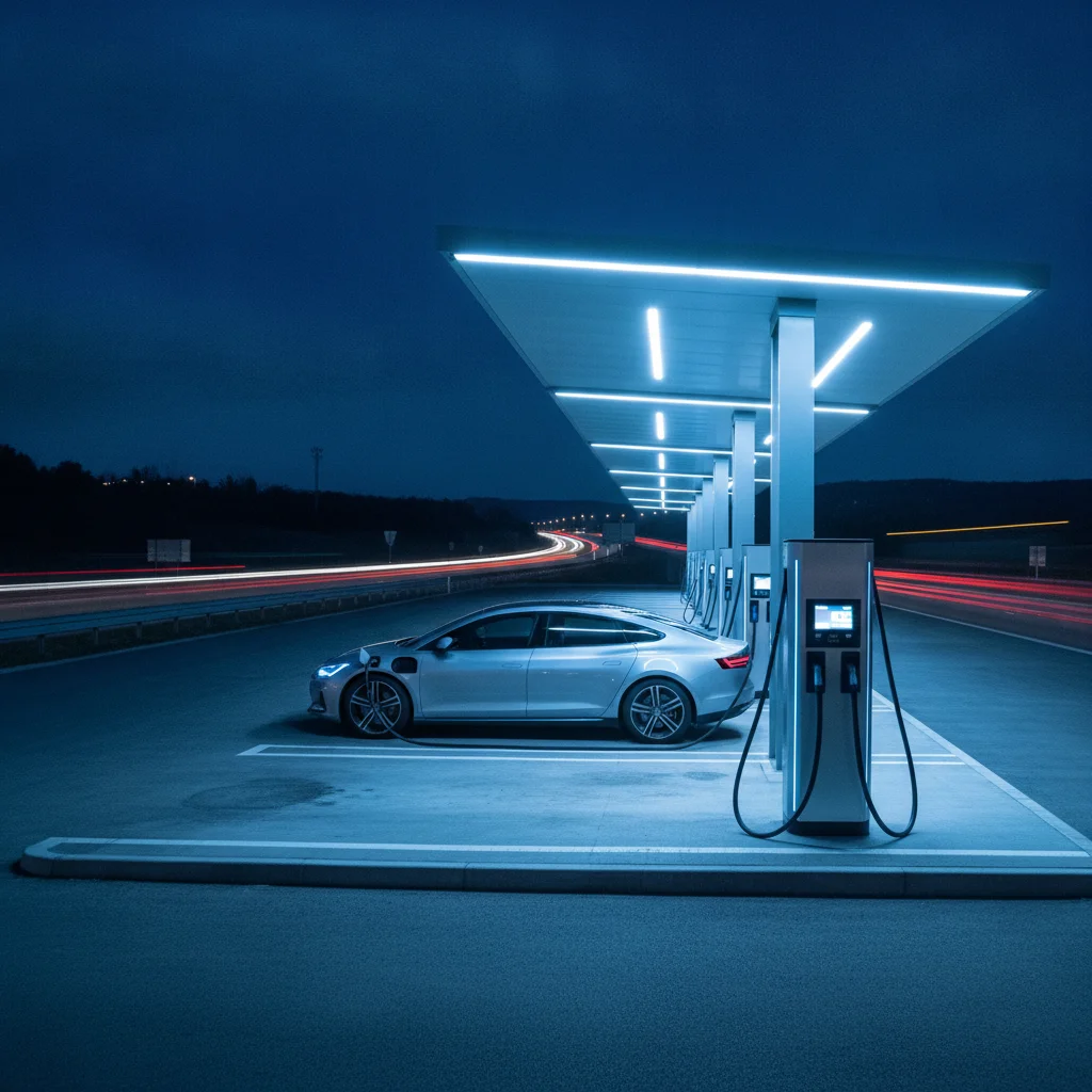 DC fast charging stations at a highway rest stop at night with an electric vehicle charging