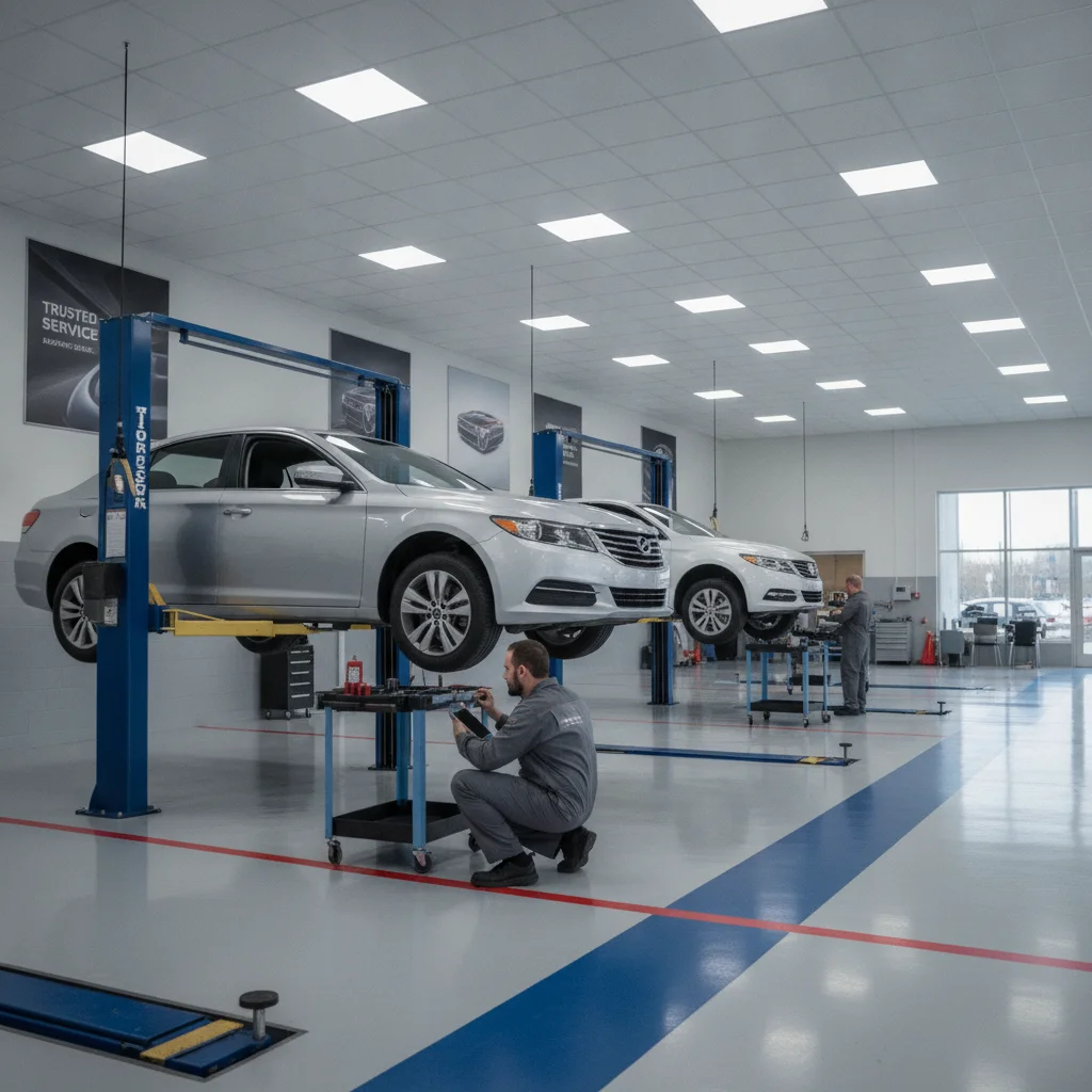 A certified pre-owned vehicle undergoing a multi-point inspection in a dealership service bay.