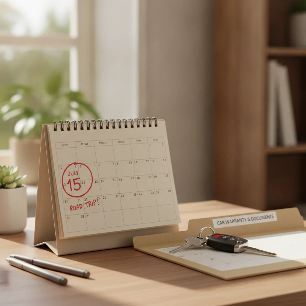 A circled calendar date next to car keys and a warranty folder representing a warranty expiration reminder.