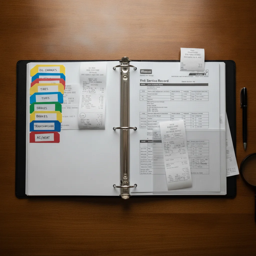 An organized binder of vehicle service records and repair receipts laid out on a desk.