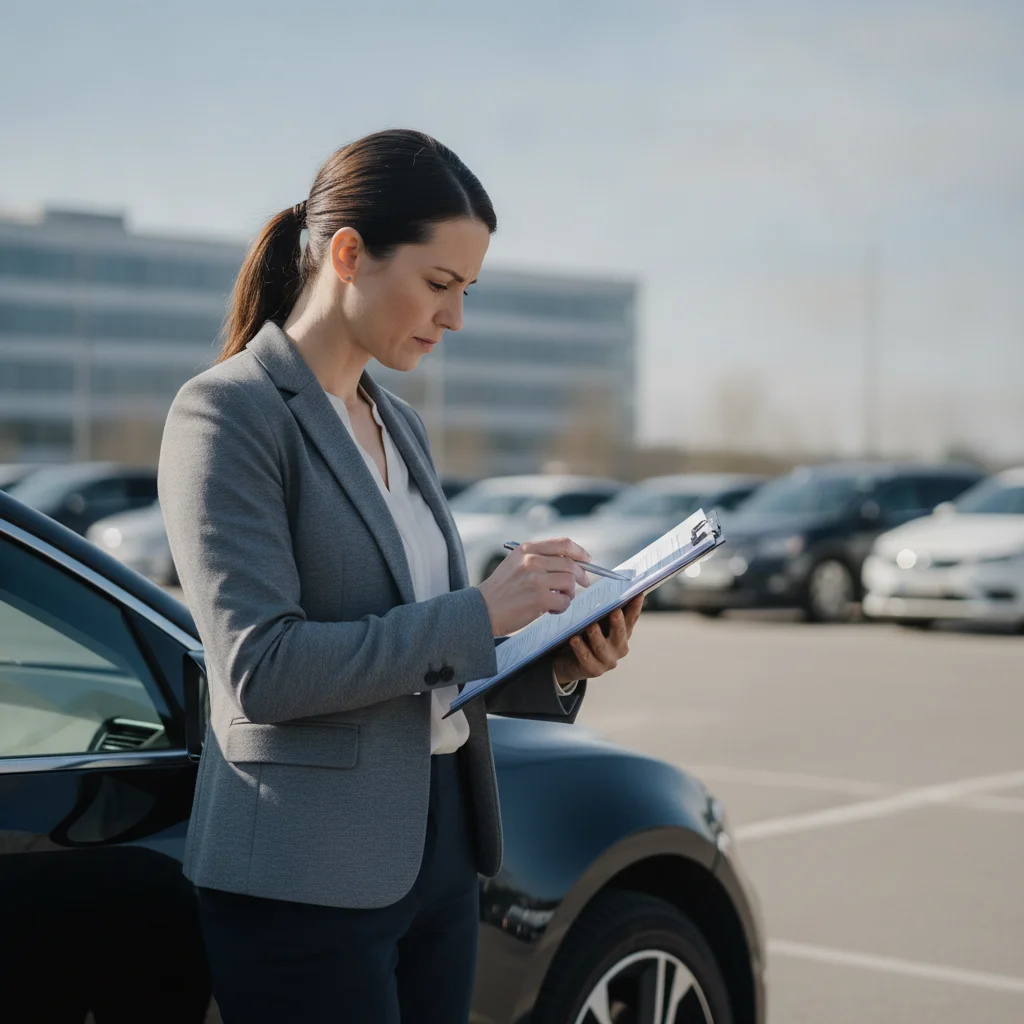 A car owner reviewing vehicle paperwork and documentation beside their car in a parking lot.