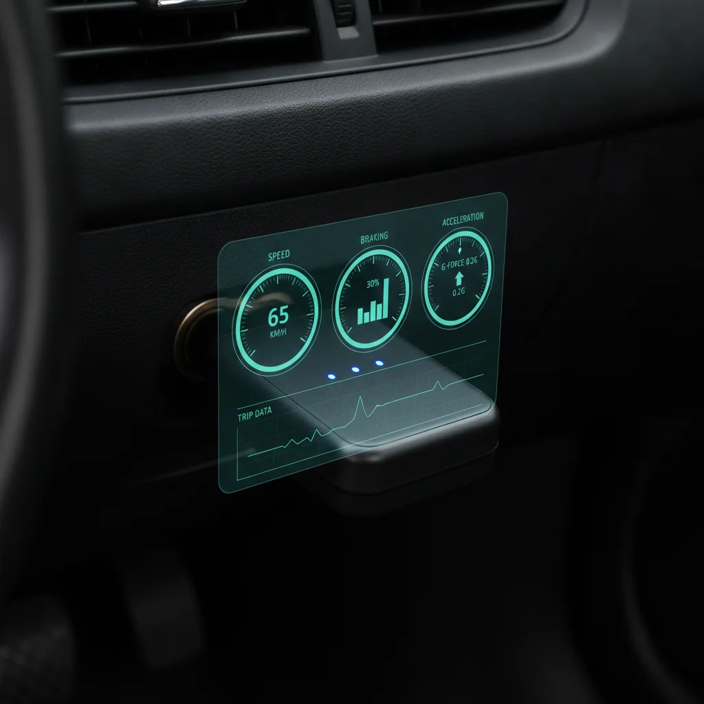 A telematics OBD-II device plugged into a car dashboard port with driving data metrics displayed