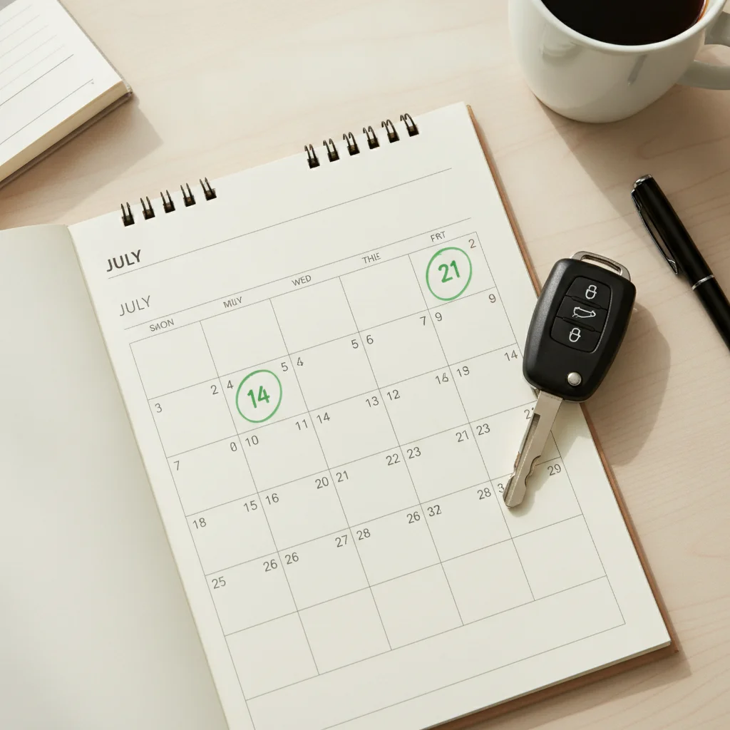 A desk calendar with dates circled and a car key, representing strategic enrollment timing for telematics programs
