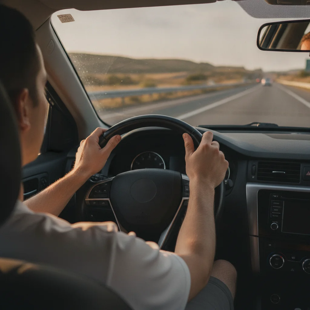 Driver's hands on steering wheel on an open road, representing calm and safe driving habits scored by telematics
