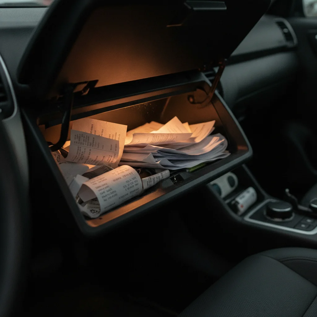 Open car glove box revealing a collection of folded service receipts and maintenance documents