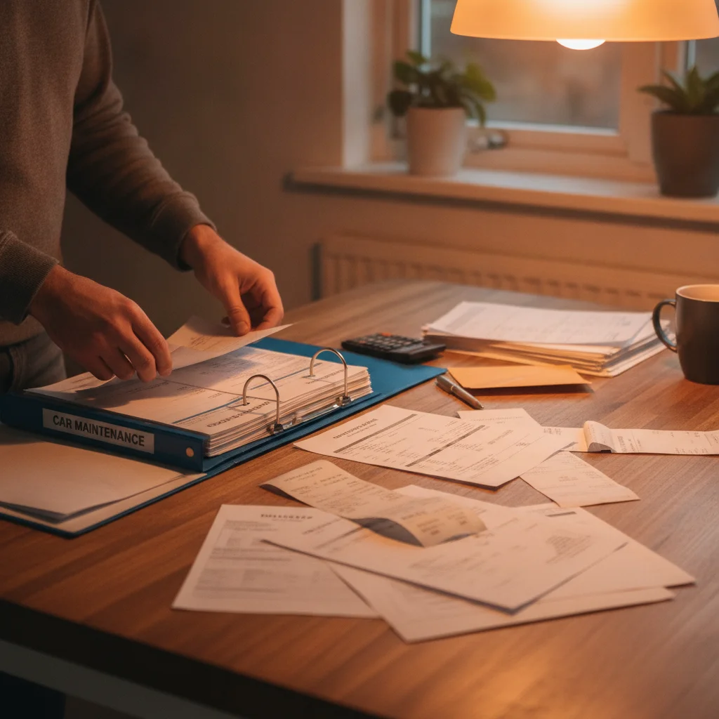 Person organizing vehicle service records and receipts into a neat binder at a kitchen table