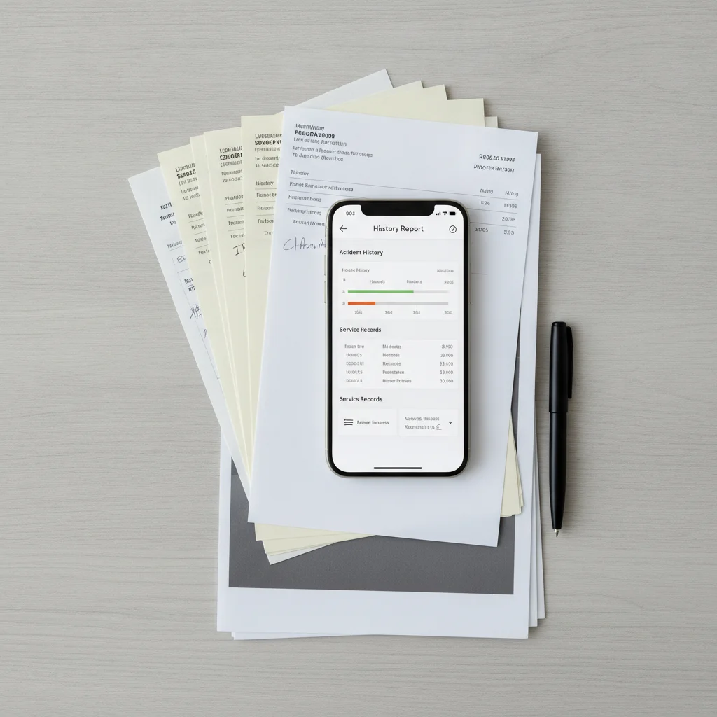 Smartphone showing a vehicle history report displayed alongside printed car service documents