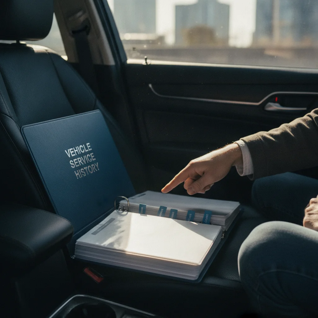 Well-organized service record binder with tabbed sections resting on a car seat during a buyer showing