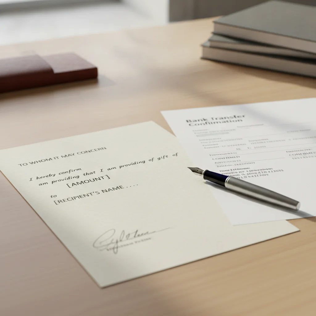 A signed gift letter and bank transfer confirmation document laid out on a desk
