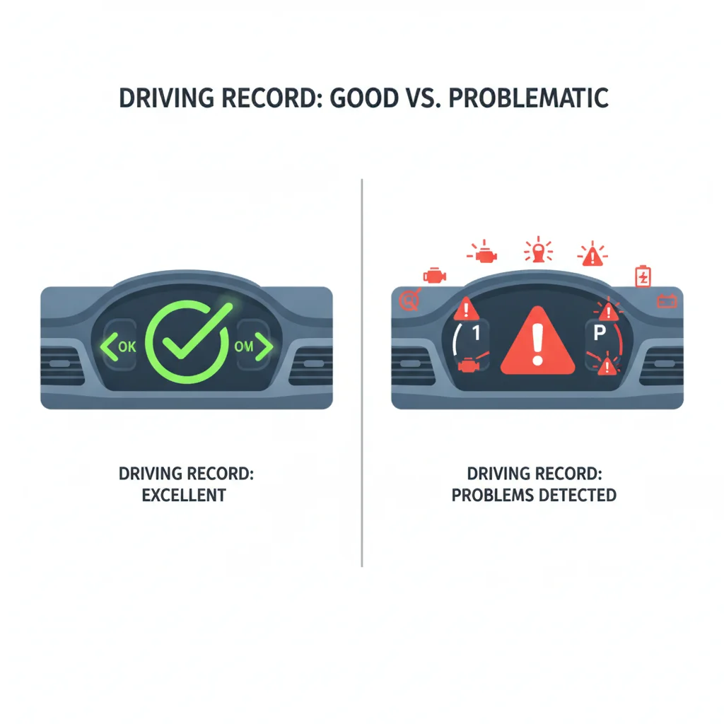 Split infographic comparing a clean driving record dashboard with a violation-flagged driving record dashboard