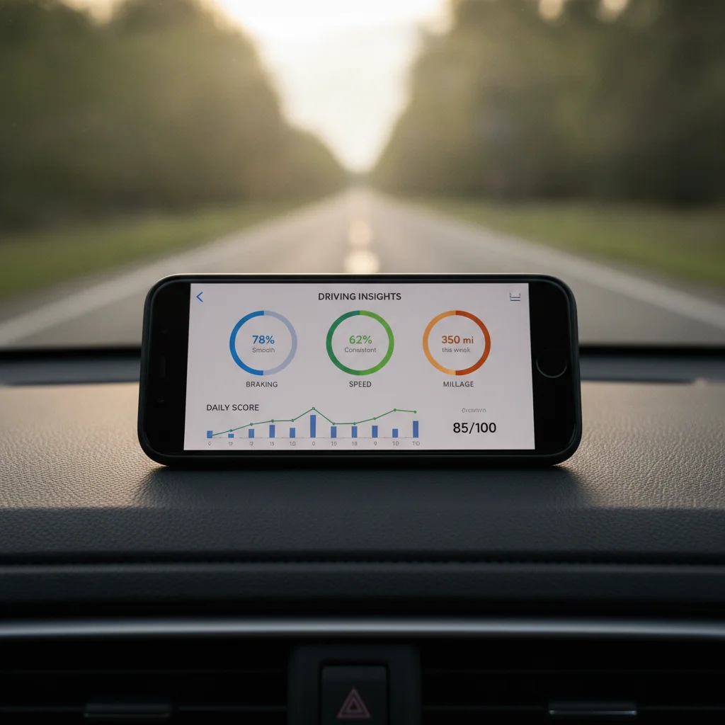 Smartphone displaying a telematics safe driver app on a car dashboard with driving behavior metrics