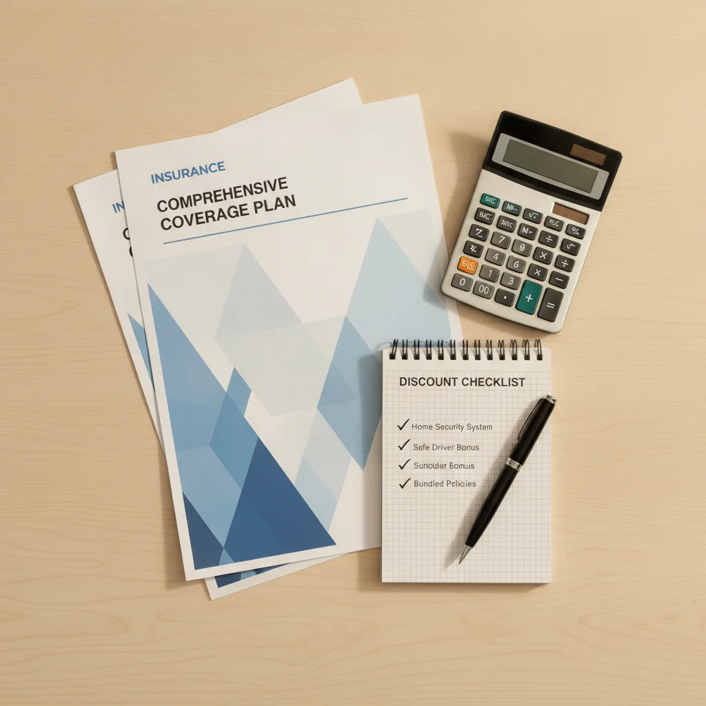 Insurance policy document on a desk beside a checklist of discounts and a calculator