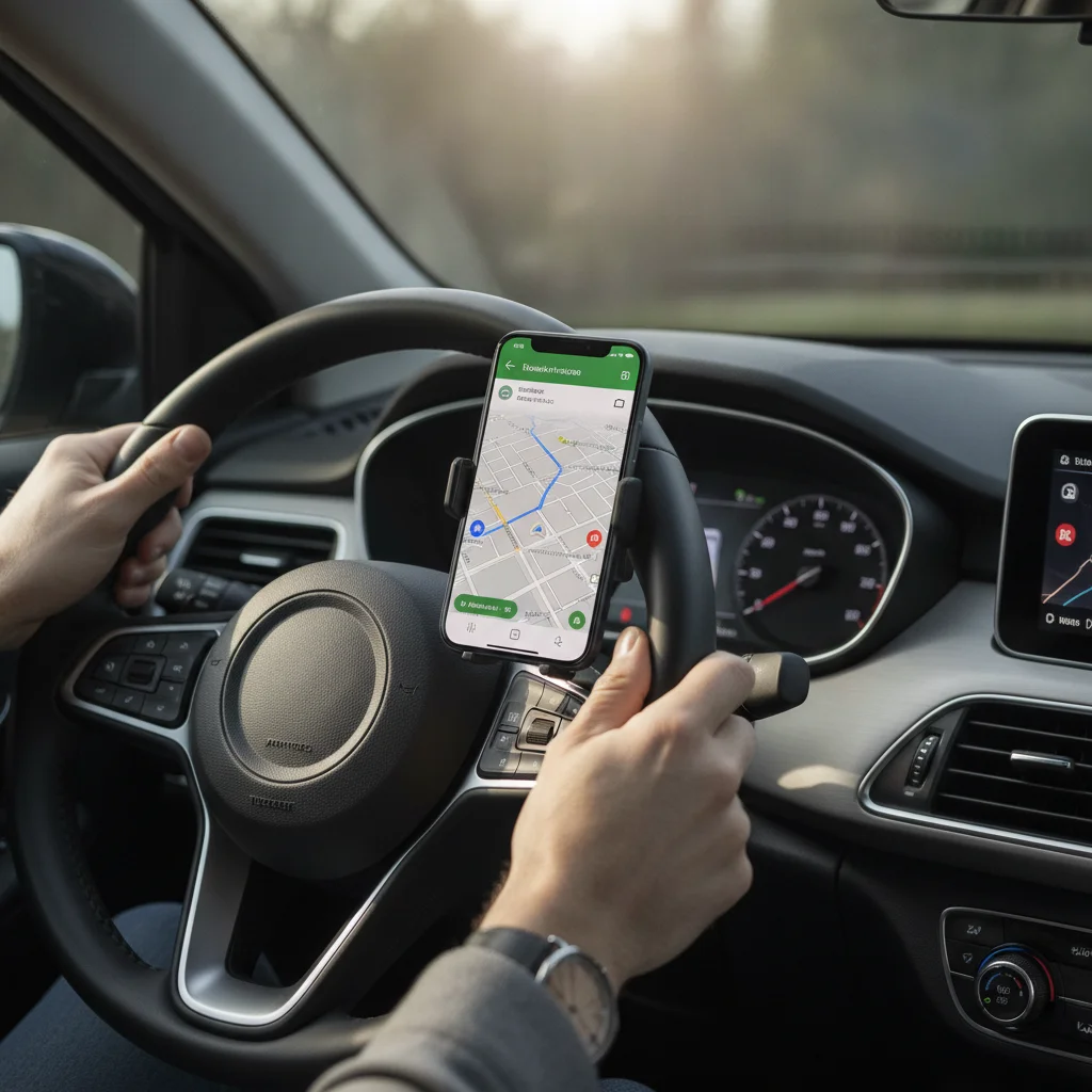 Smartphone mounted on dashboard vent with navigation visible and driver's hands on steering wheel