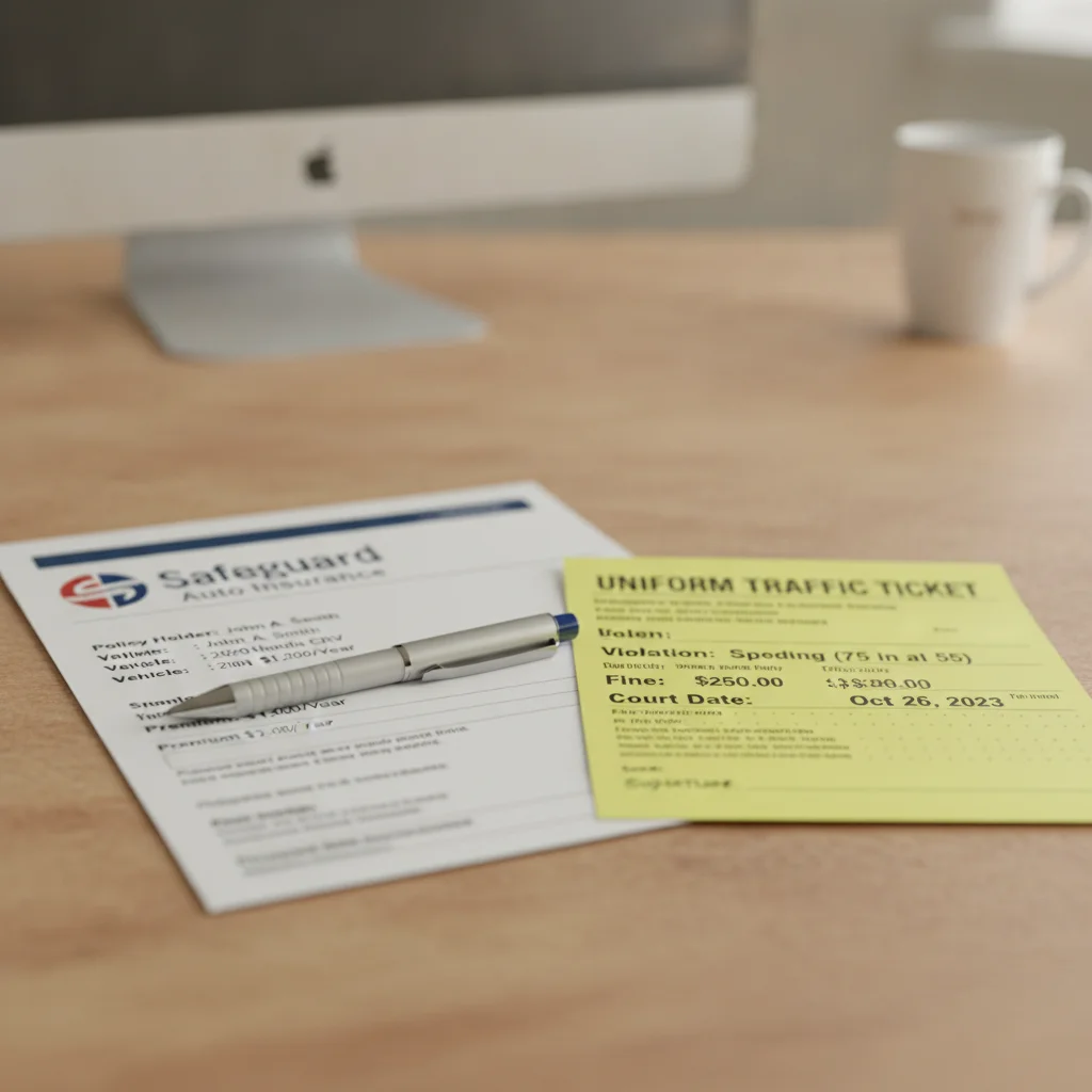 Auto insurance document and traffic citation placed side by side on a desk