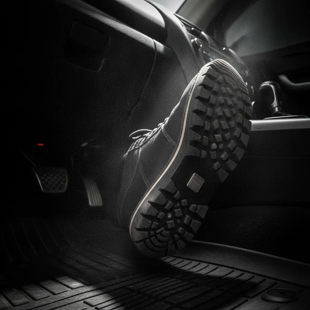 Close-up of a car brake pedal being pressed firmly, conveying rapid hard braking.