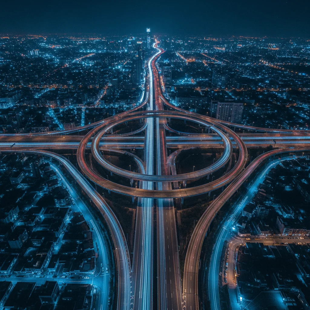 Aerial nighttime view of a car driving on a highway interchange with light trails.