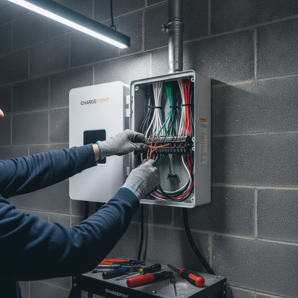 Electrician connecting wiring inside a hardwired Level 2 EV charger mounted to a garage wall.