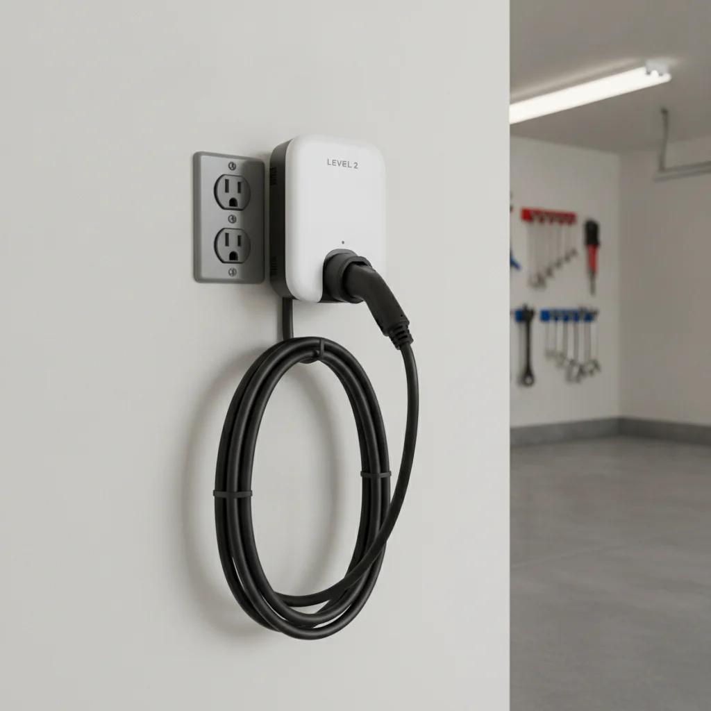 A NEMA 14-50 outlet on a garage wall next to a plug-in Level 2 EV charger with visible plug and cord.