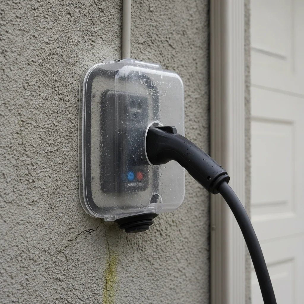 Weatherproof in-use outlet cover protecting a NEMA 14-50 receptacle used for outdoor EV charging.