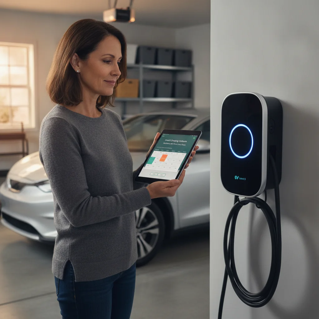 Homeowner reviewing EV smart charging scheduling app next to a modern Level 2 home charger in a garage.