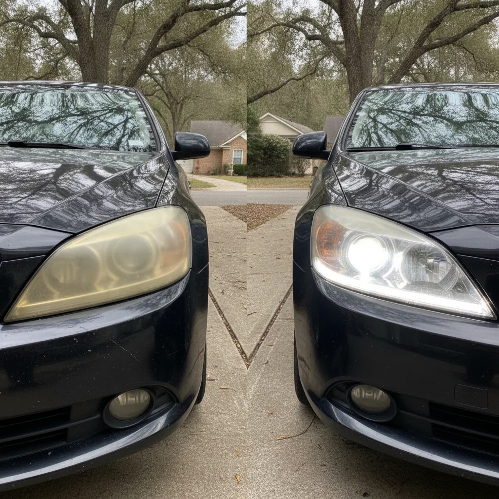 Two headlights side by side — one yellowed and oxidized, one clear and restored — showing the visual contrast