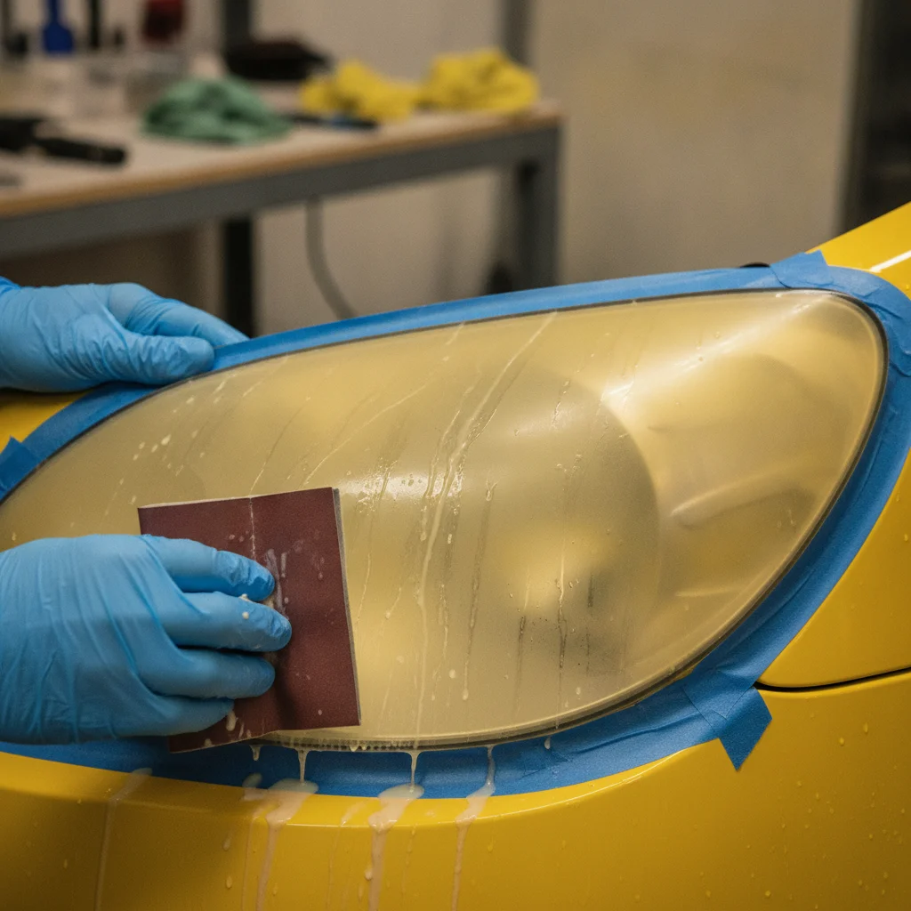 Hands wet sanding a car headlight lens with sandpaper, water visible on the surface and tape protecting the paint