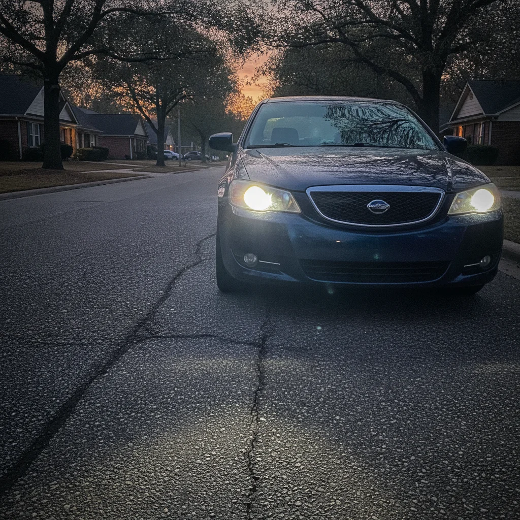 A restored clear headlight on a car at dusk projecting a bright beam of light onto the road ahead