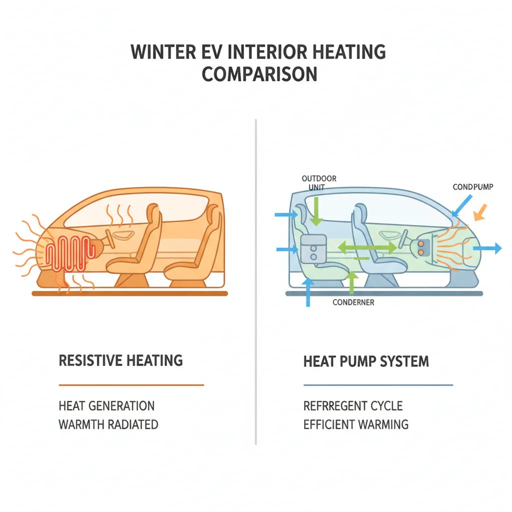 Side-by-side comparison diagram of resistive heating versus heat pump system in an electric vehicle