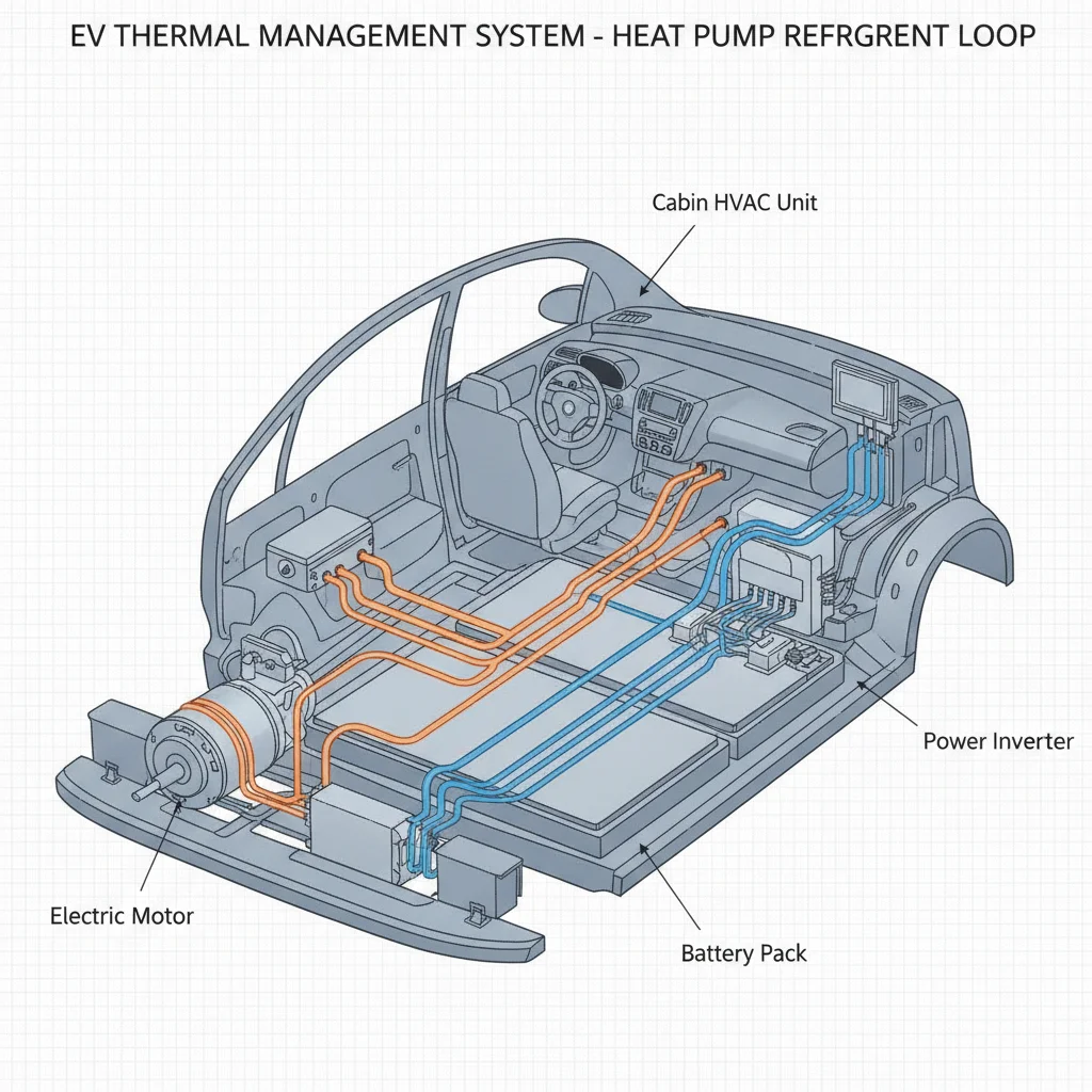 Cutaway diagram of EV showing heat pump refrigerant loop connecting motor, battery, and cabin heating system