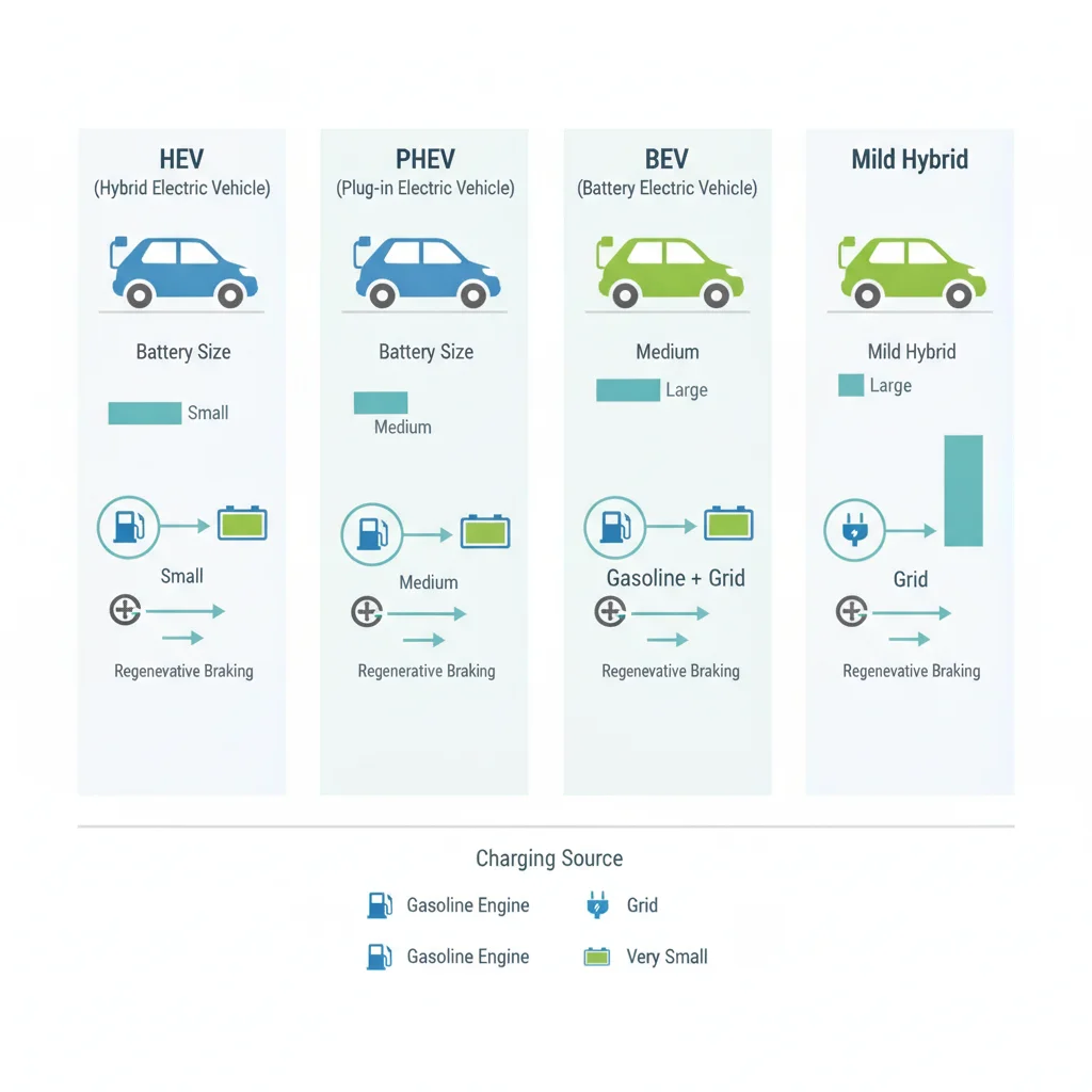 Infographic comparing HEV, PHEV, BEV, and mild hybrid battery sizes and charging sources
