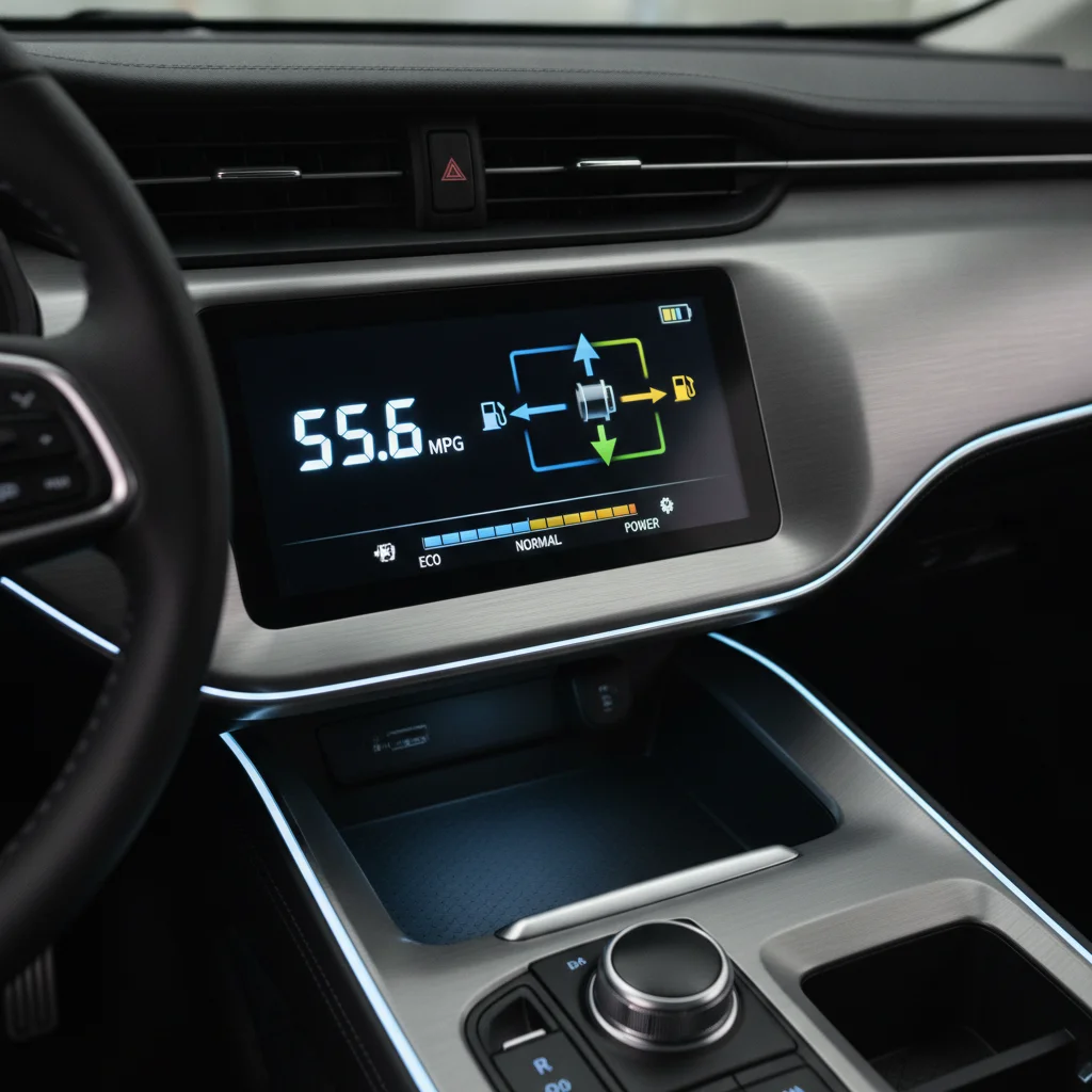 Hybrid vehicle dashboard displaying real-time MPG and energy flow between engine and electric motor