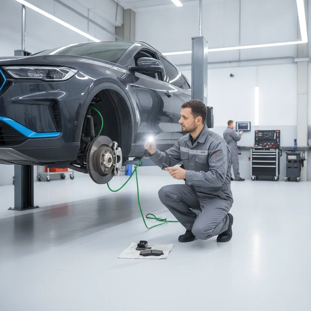 Mechanic inspecting hybrid vehicle brake pads in a service bay during routine maintenance