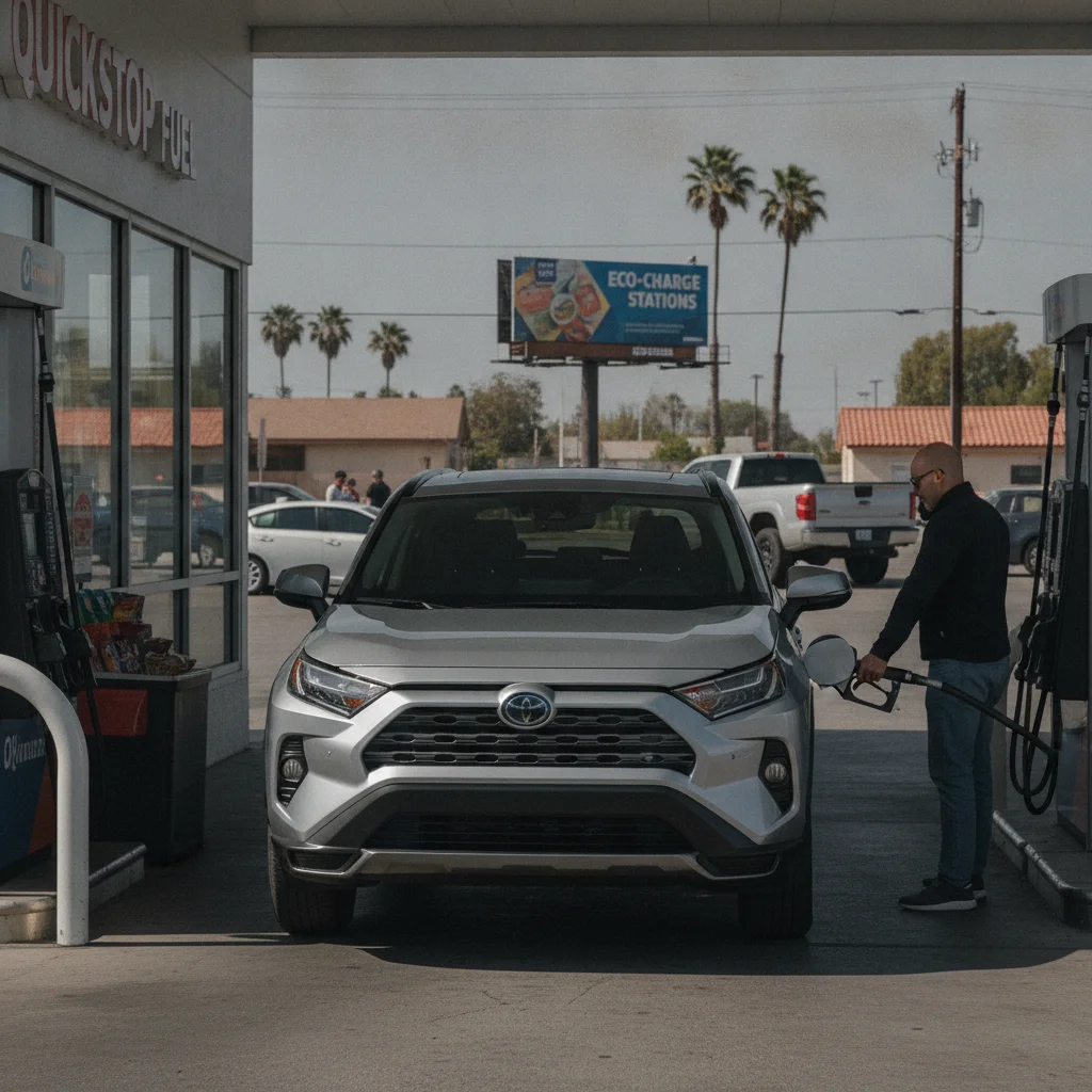 Hybrid SUV refueling at a gas station in under three minutes with no charging equipment needed