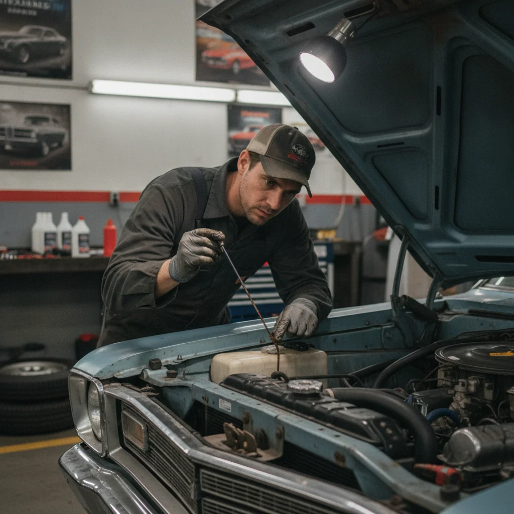 Mechanic carefully inspecting engine bay fluid levels and hoses on a high-mileage vehicle