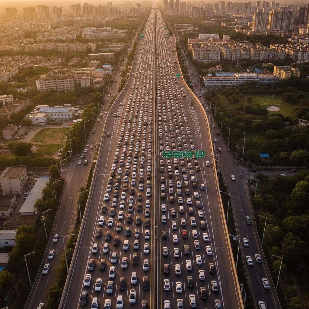 Aerial view of dense highway traffic at rush hour on a busy commuter road