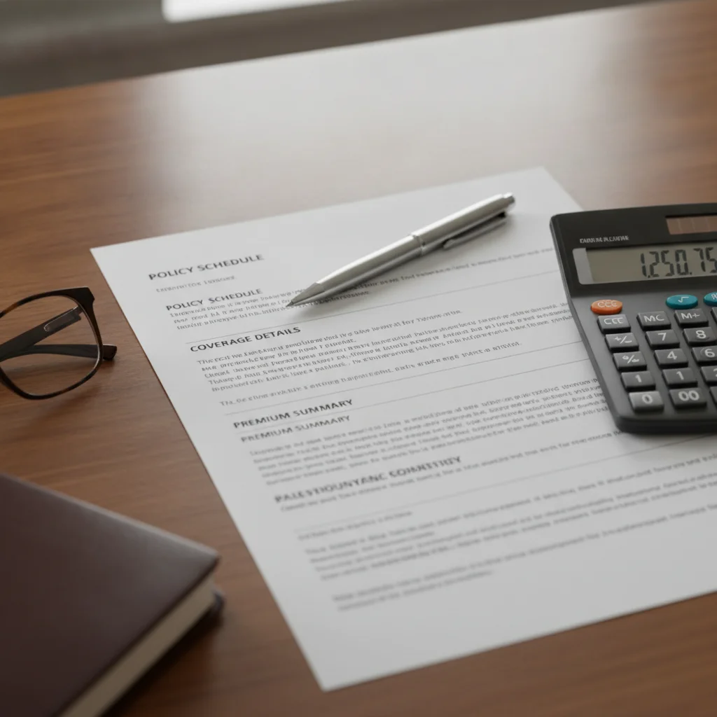 Car insurance policy document with a pen and calculator on a desk