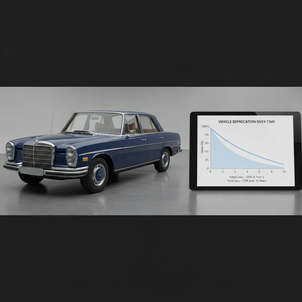 Older sedan next to a tablet showing a vehicle depreciation chart for financial planning