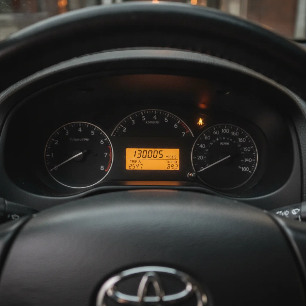 Car odometer showing high mileage reading through the steering wheel in vehicle interior