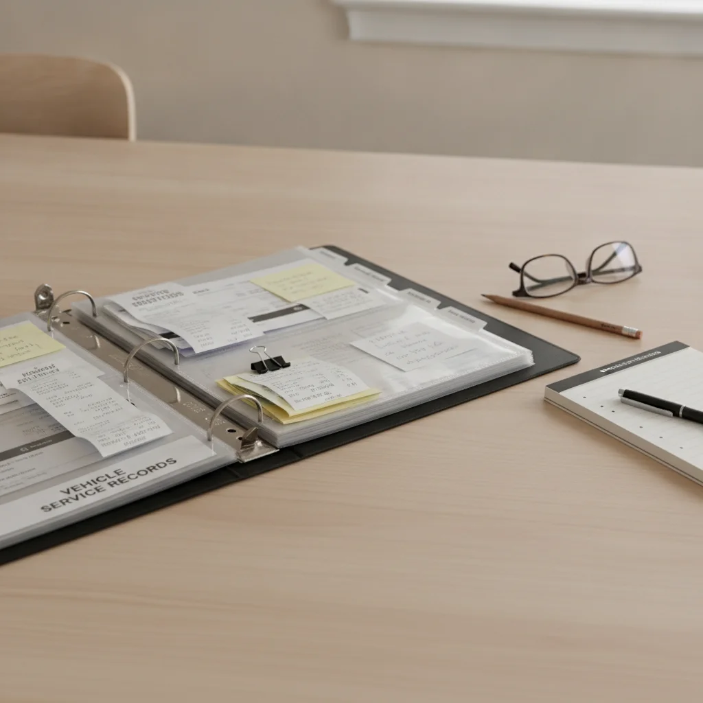 Organized binder of vehicle service records and maintenance receipts on a clean table