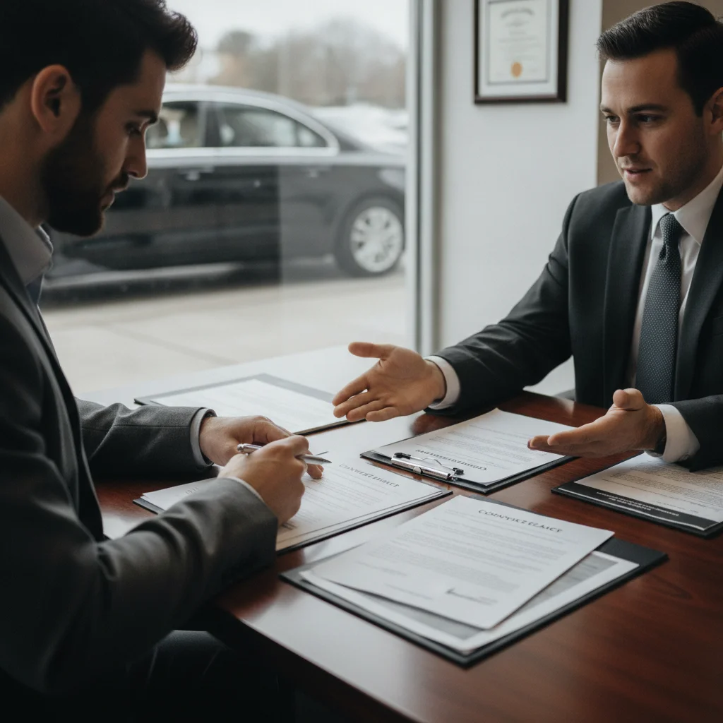A car buyer carefully reviewing trade-in paperwork at a dealership negotiation table