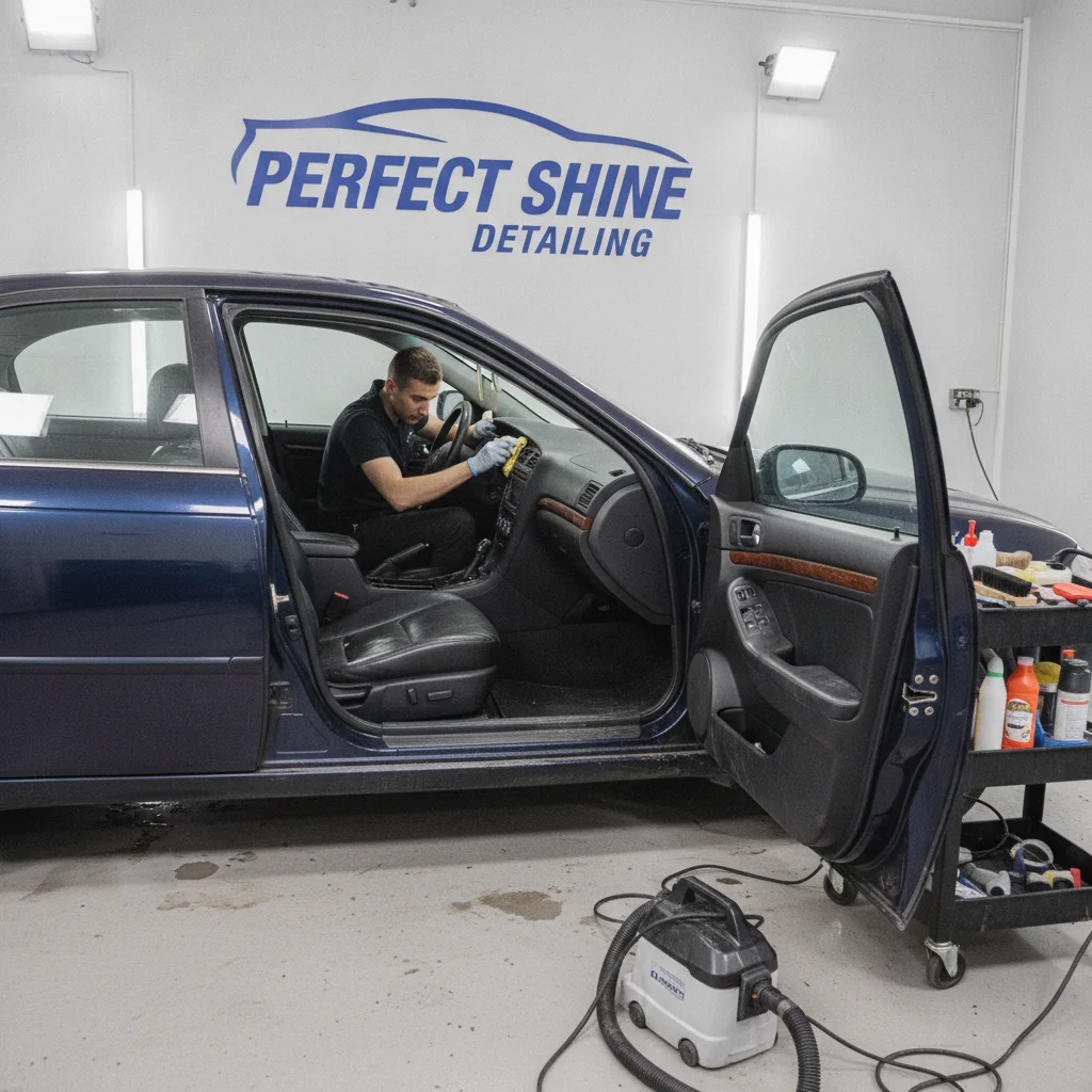 A high-mileage sedan receiving professional interior detailing in a bright auto shop